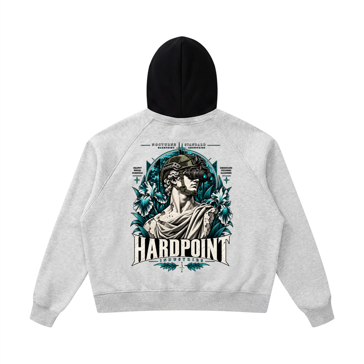 HARDPOINT NVG David Color Block Hoodie — back graphic, Flower Gray with Black