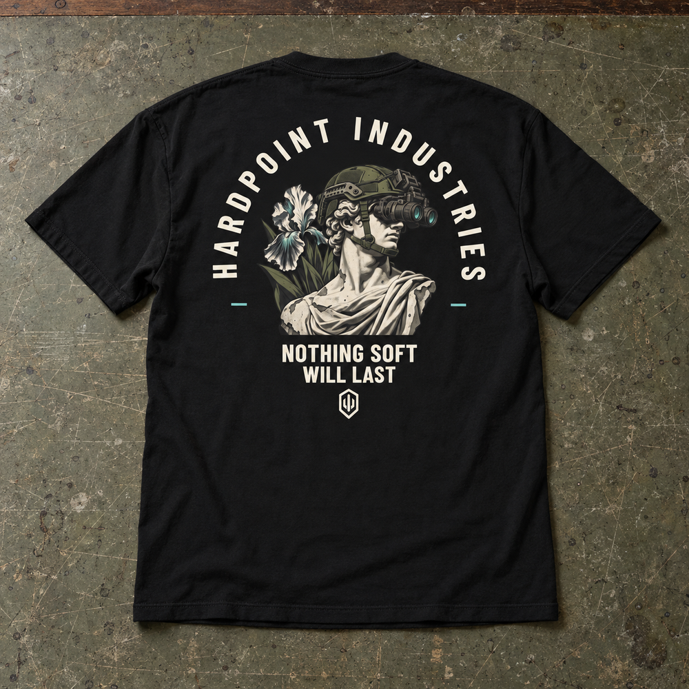 HARDPOINT NVG David Heavyweight Tee, Black, back view. AI-styled product mockup.