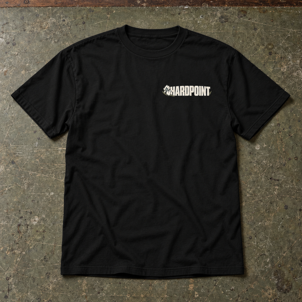 HARDPOINT NVG David Heavyweight Tee, Black, front view. AI-styled product mockup.