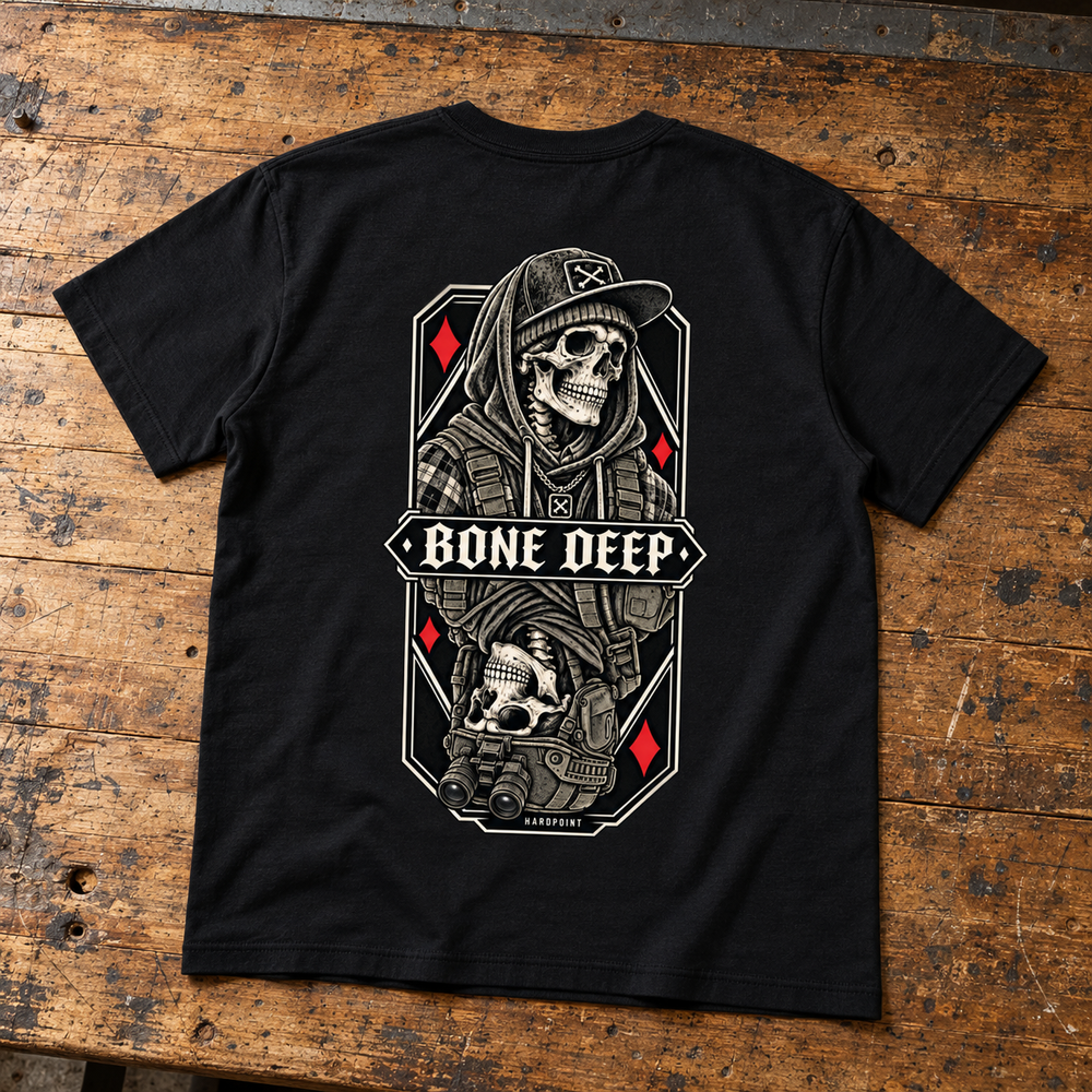 HARDPOINT Bone Deep Tee, Classic Black, back view. AI-styled product mockup.