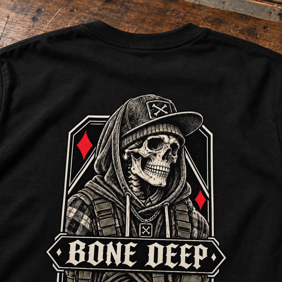 HARDPOINT Bone Deep Tee, Classic Black, detail view. AI-styled product mockup.