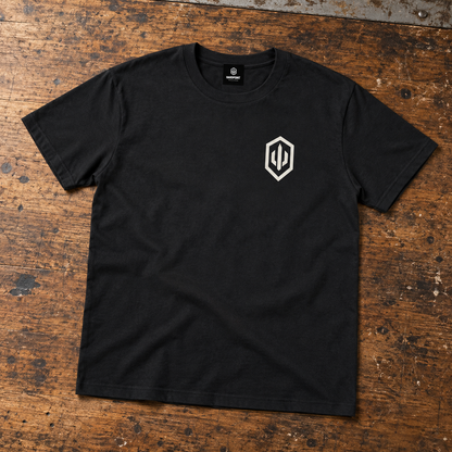 HARDPOINT Bone Deep Tee, Classic Black, front view. AI-styled product mockup.