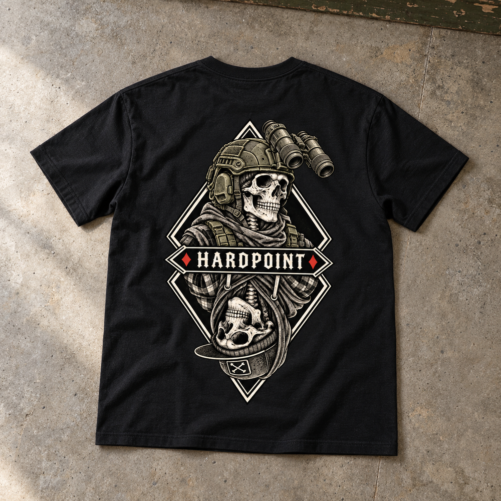 HARDPOINT Duality Tee, Classic Black, back view. AI-styled product mockup.