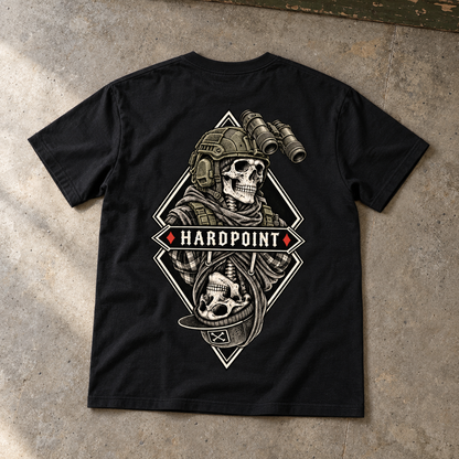 HARDPOINT Duality Tee, Classic Black, back view. AI-styled product mockup.