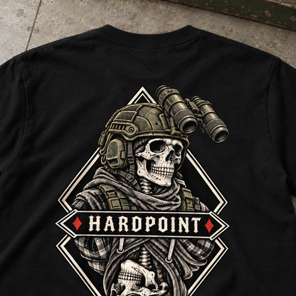 HARDPOINT Duality Tee, Classic Black, detail view. AI-styled product mockup.