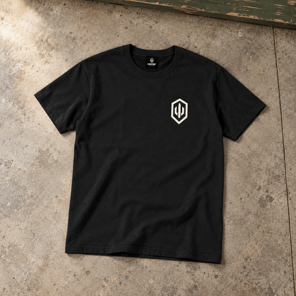 HARDPOINT Duality Tee, Classic Black, front view. AI-styled product mockup.