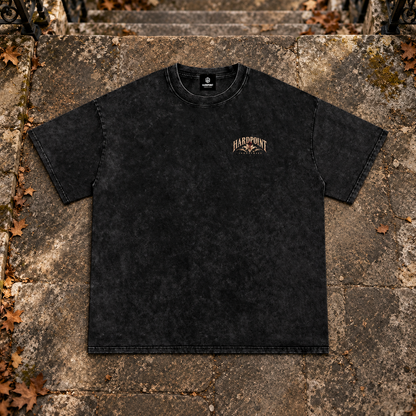 HARDPOINT Floral Blade Snow-Washed Oversized Tee, Black, front view on aged stone steps. AI-styled product mockup.