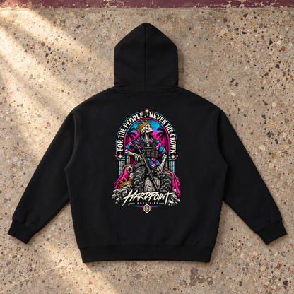 HARDPOINT For the People Heavyweight Hoodie, Black, back view. AI-styled product mockup.