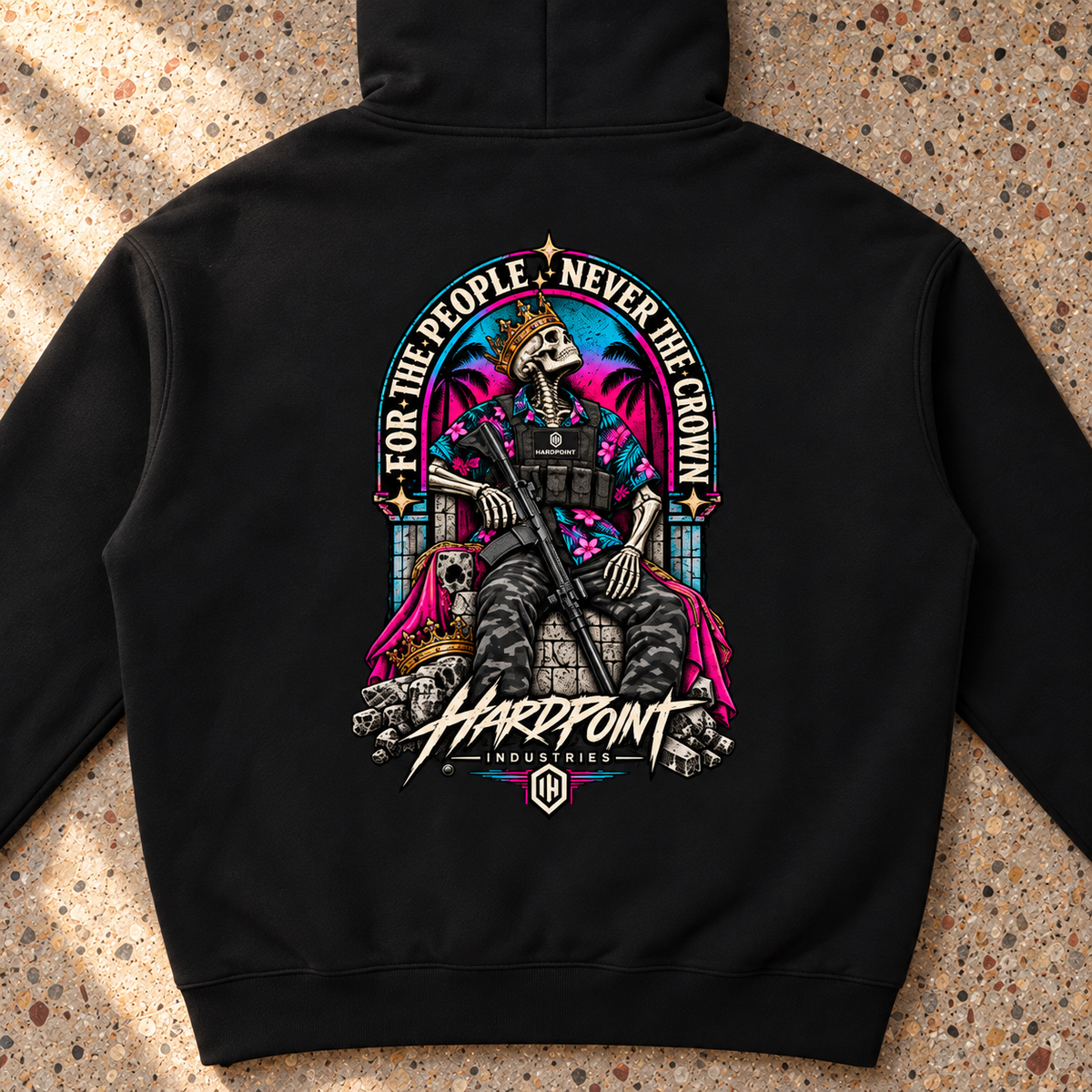 HARDPOINT For the People Heavyweight Hoodie, Black, detail view. AI-styled product mockup.