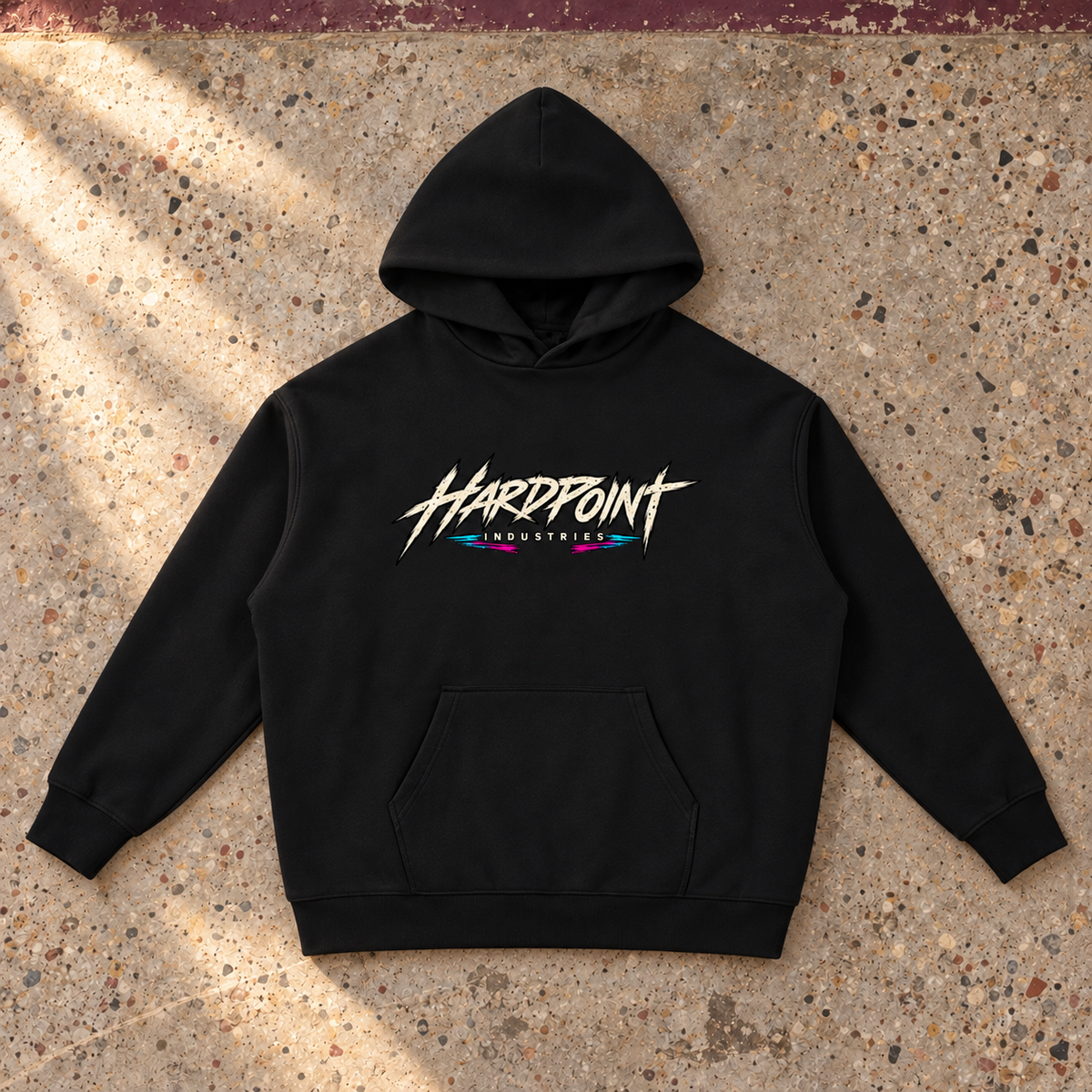 HARDPOINT For the People Heavyweight Hoodie, Black, front view. AI-styled product mockup.