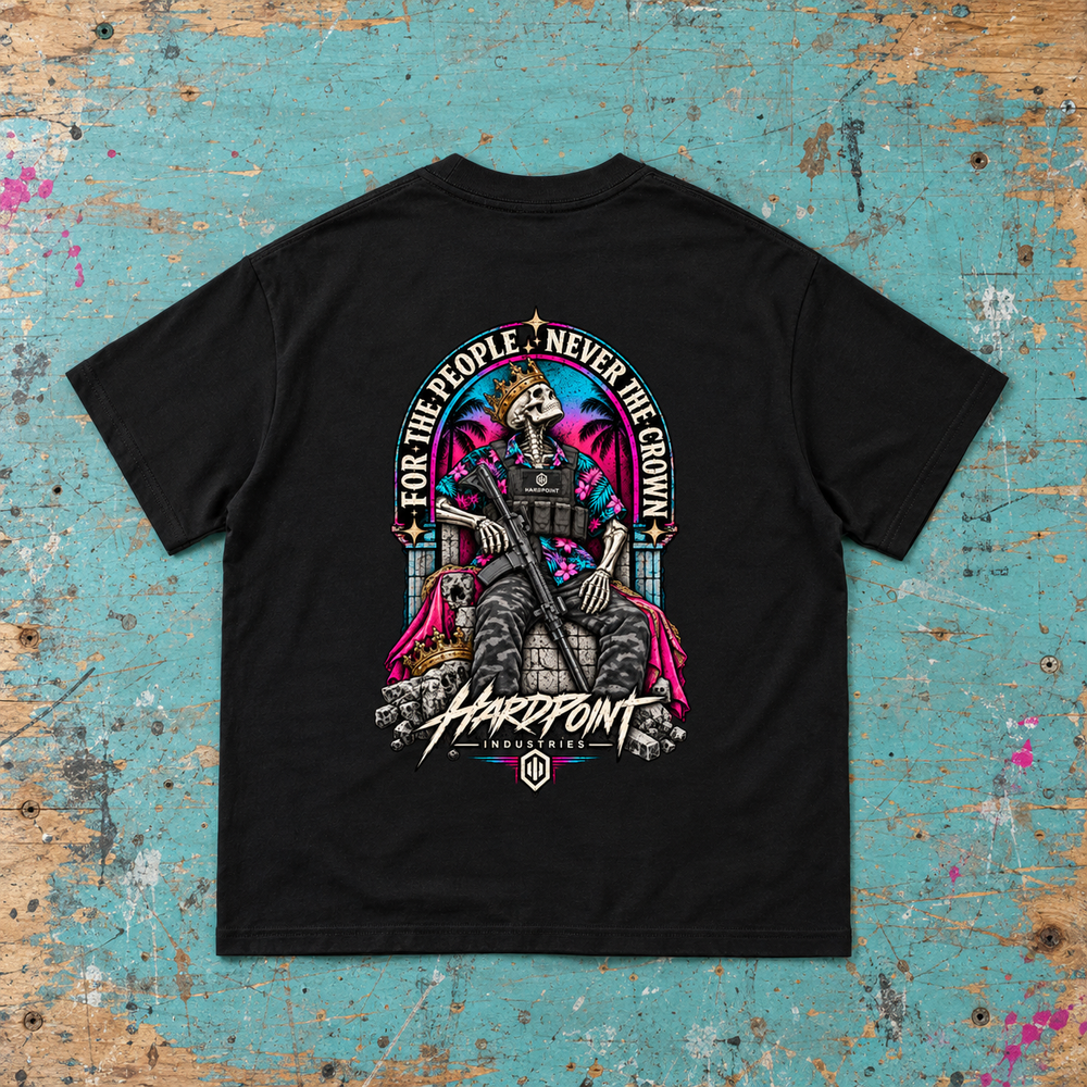 HARDPOINT For the People Tee, Black, back view. AI-styled product mockup.