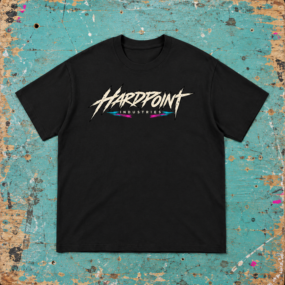 HARDPOINT For the People Tee, Black, front view. AI-styled product mockup.