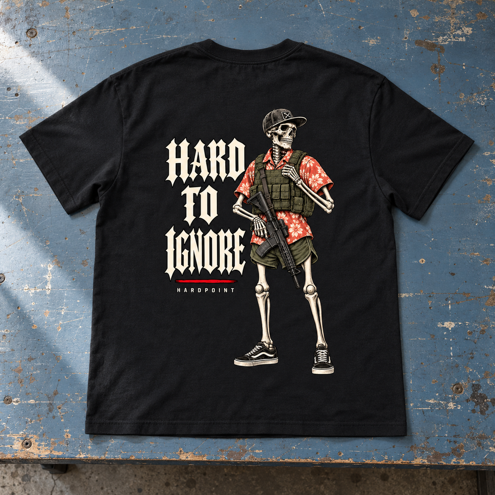 HARDPOINT Hard to Ignore Tee, Classic Black, back view. AI-styled product mockup.