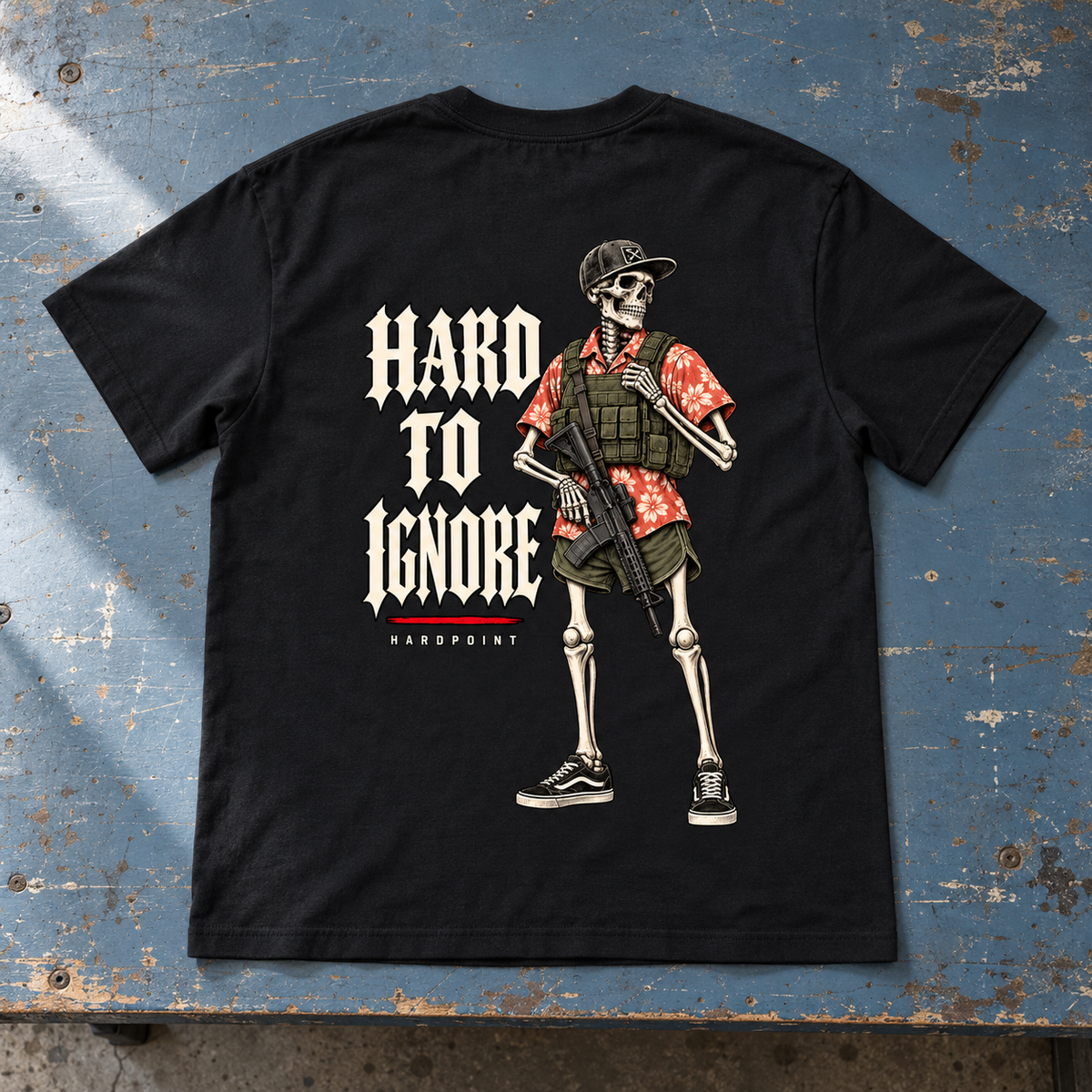 HARDPOINT Hard to Ignore Tee, Classic Black, back view. AI-styled product mockup.