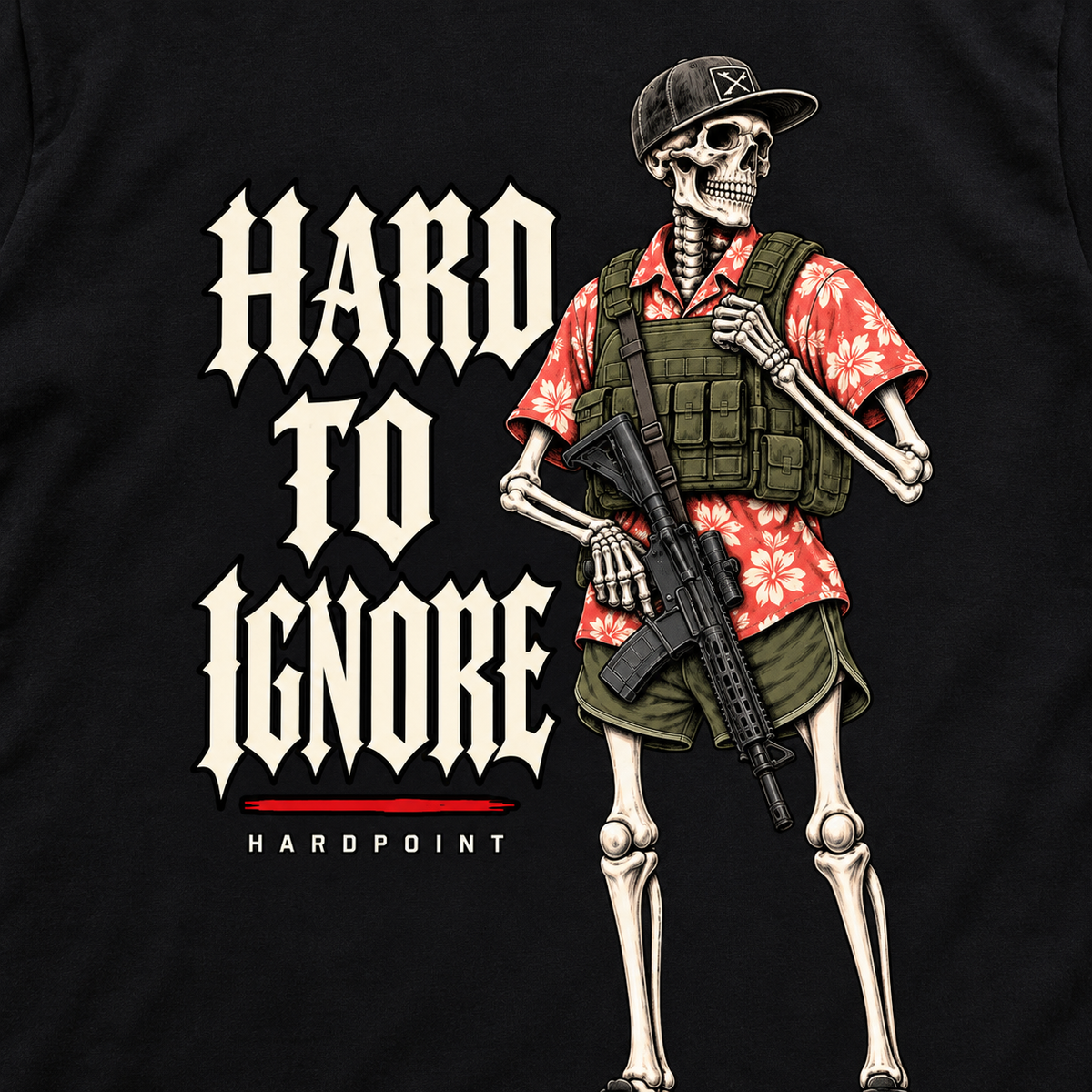 HARDPOINT Hard to Ignore Tee, Classic Black, detail view. AI-styled product mockup.