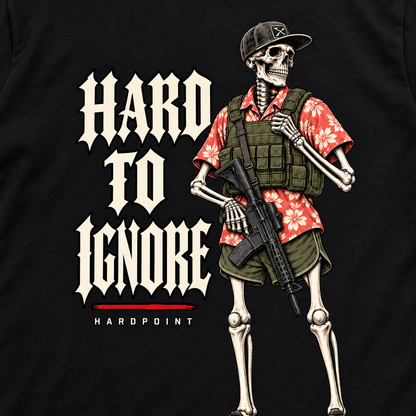 HARDPOINT Hard to Ignore Tee, Classic Black, detail view. AI-styled product mockup.
