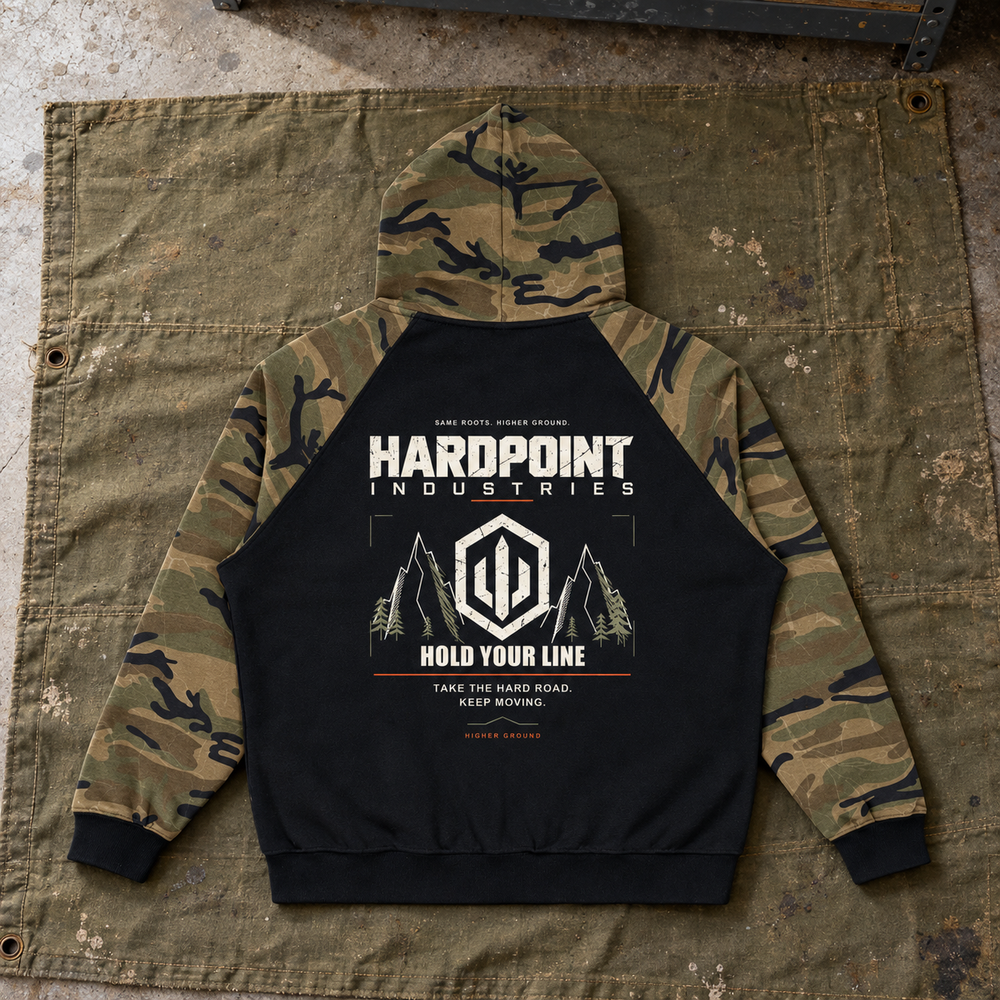 HARDPOINT Hold Your Line Camo Zip Hoodie, Black with Green Camo, back view. AI-styled product mockup.