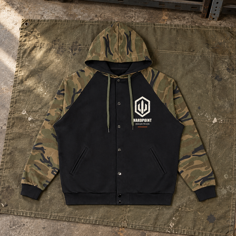 HARDPOINT Hold Your Line Camo Zip Hoodie, Black with Green Camo, front view. AI-styled product mockup.