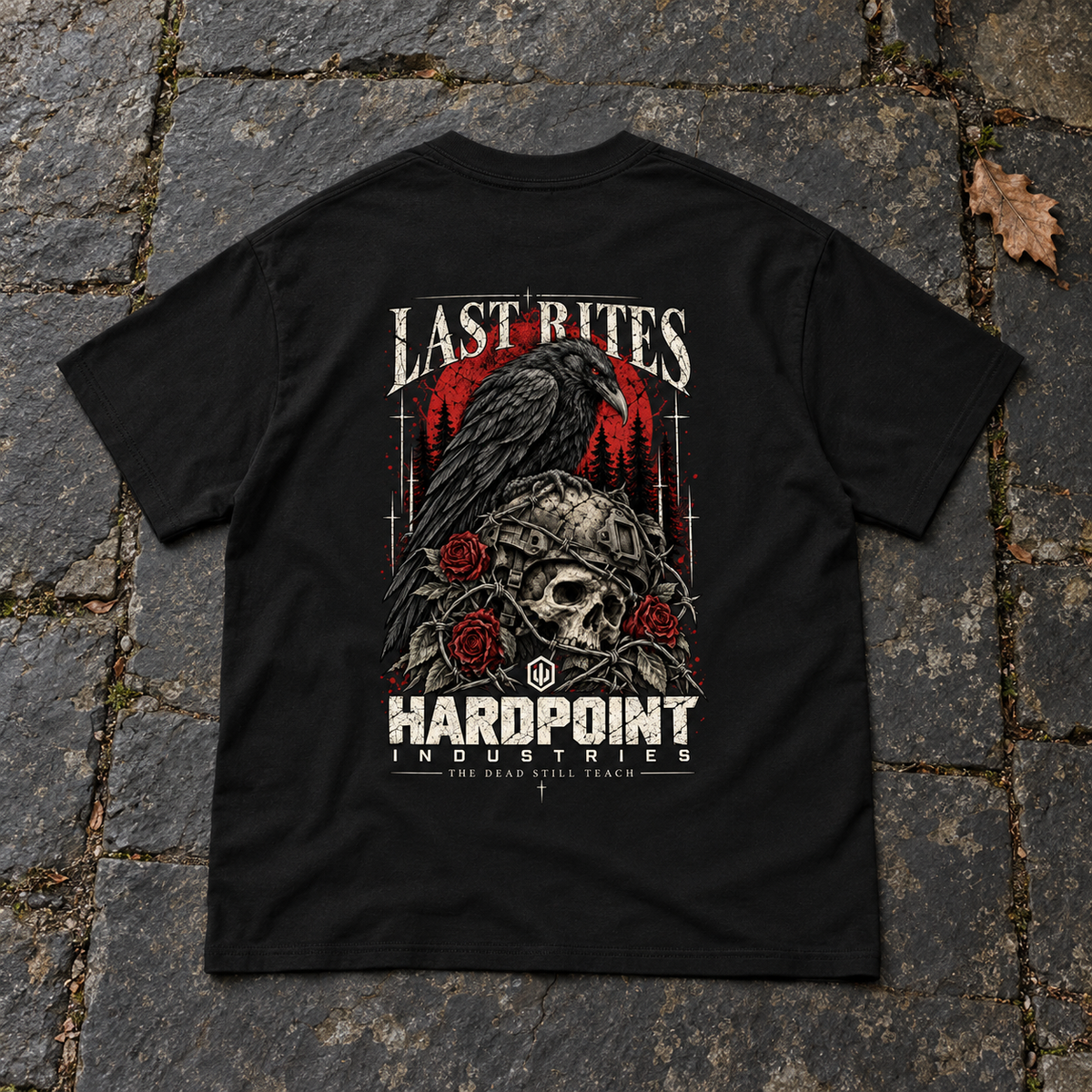 HARDPOINT Last Rites Tee, Black, back view. AI-styled product mockup.