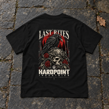 HARDPOINT Last Rites Tee, Black, back view. AI-styled product mockup.