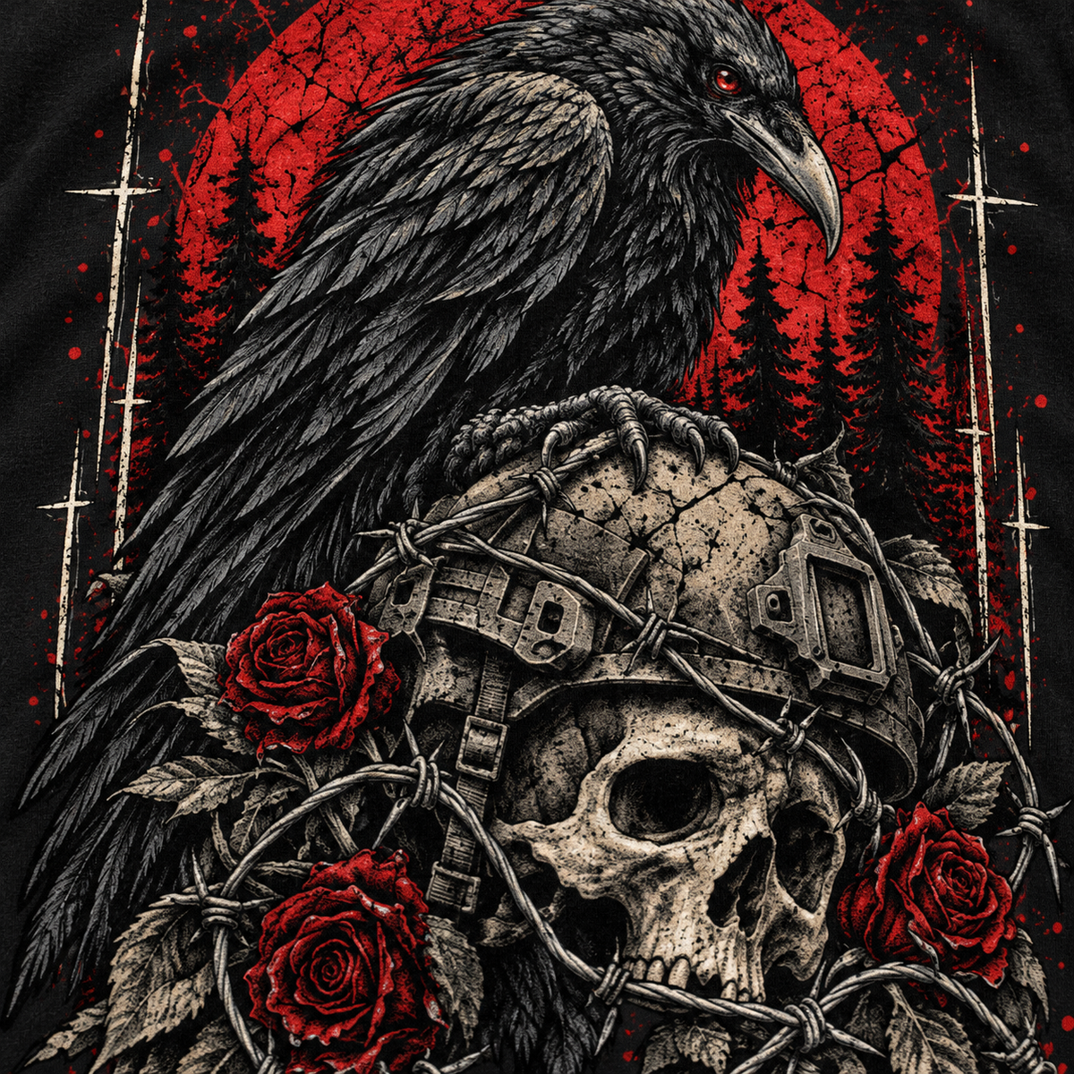 HARDPOINT Last Rites Tee, Black, detail view. AI-styled product mockup.
