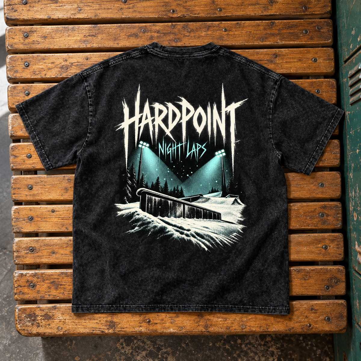 HARDPOINT Night Laps Washed Tee, Black, back view. AI-styled product mockup.