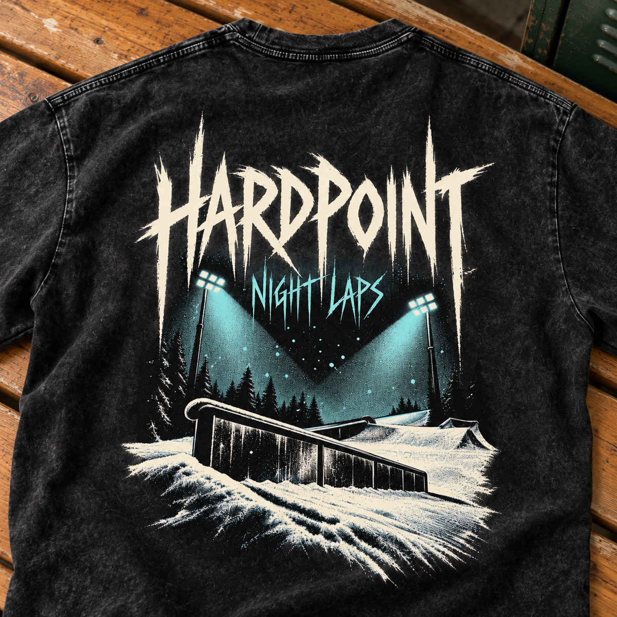 HARDPOINT Night Laps Washed Tee, Black, detail view. AI-styled product mockup.