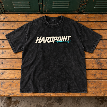 HARDPOINT Night Laps Washed Tee, Black, front view. AI-styled product mockup.