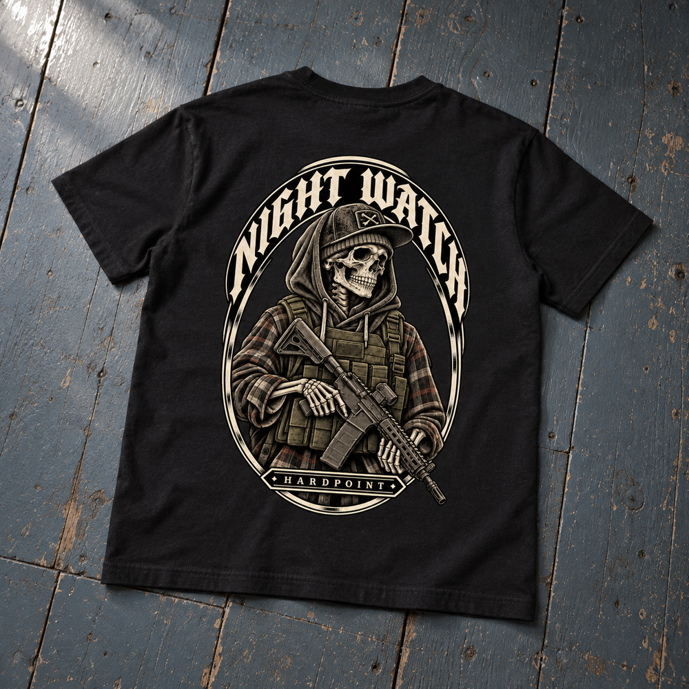 HARDPOINT Night Watch Tee, Classic Black, back view. AI-styled product mockup.
