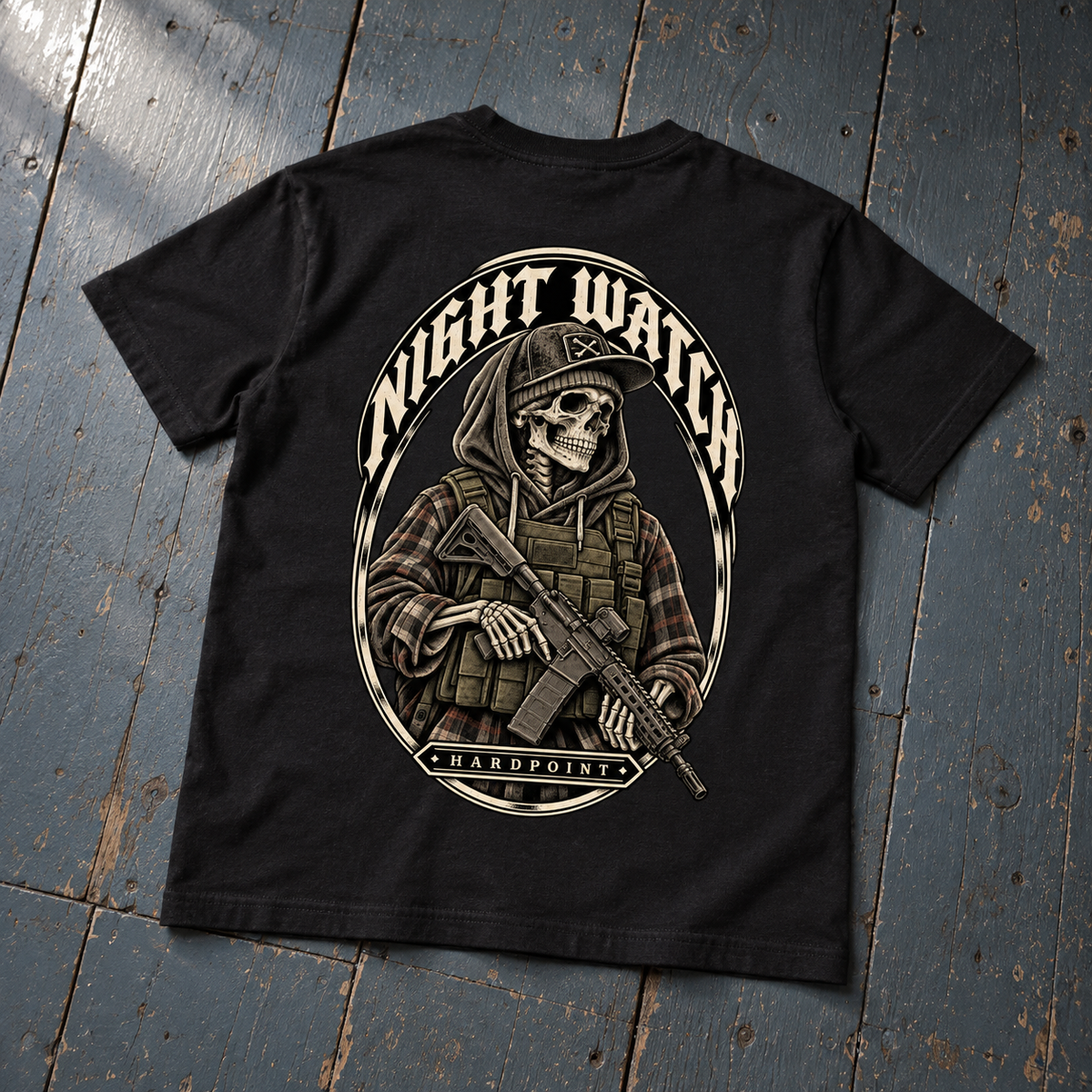 HARDPOINT Night Watch Tee, Classic Black, back view. AI-styled product mockup.