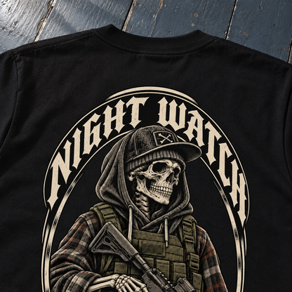 HARDPOINT Night Watch Tee, Classic Black, detail view. AI-styled product mockup.