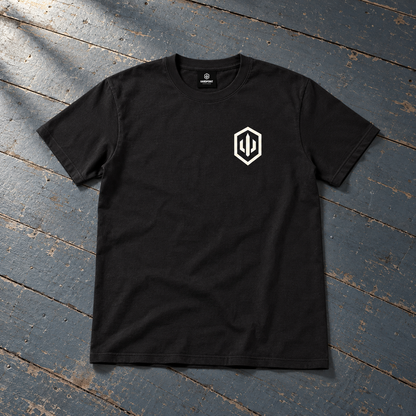 HARDPOINT Night Watch Tee, Classic Black, front view. AI-styled product mockup.