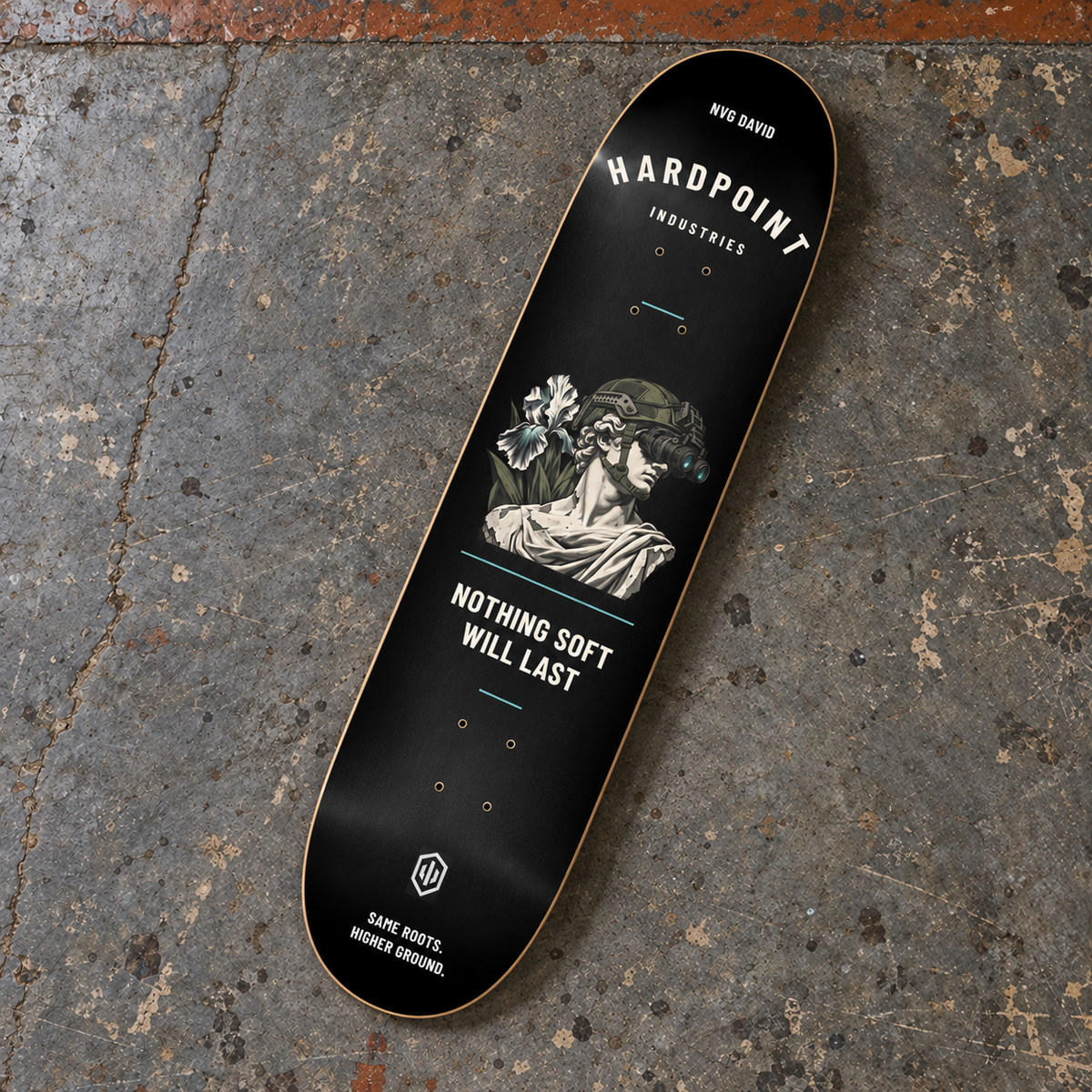 HARDPOINT NVG David — 8.25" Deck, standard design, underside-angle view. AI-styled product mockup.