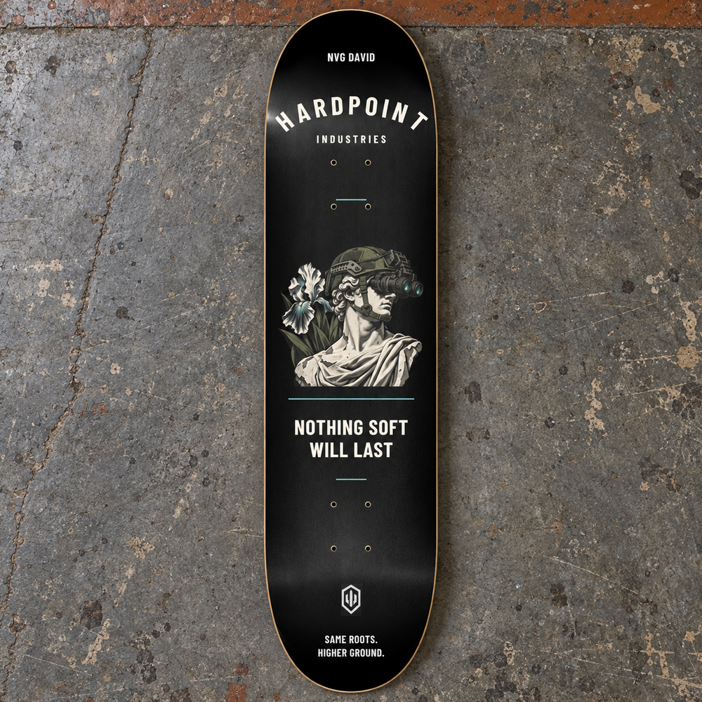 HARDPOINT NVG David — 8.25" Deck, standard design, underside view. AI-styled product mockup.