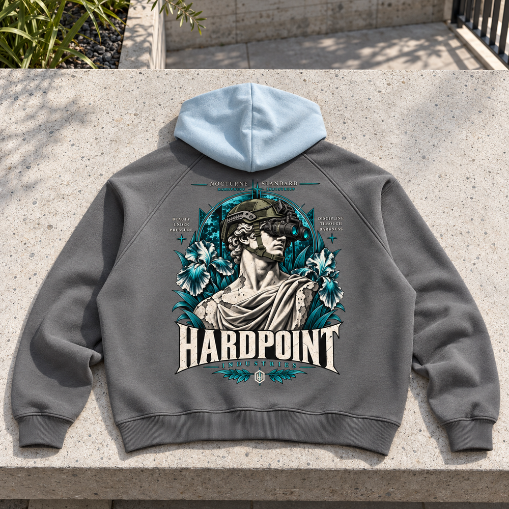 HARDPOINT NVG David Color Block Hoodie, Dark Gray with Light Blue, back view. AI-styled product mockup.