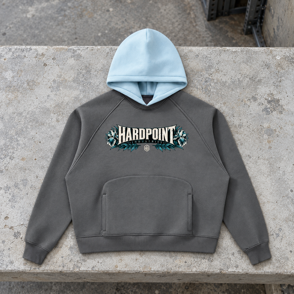 HARDPOINT NVG David Color Block Hoodie, Dark Gray with Light Blue, front view. AI-styled product mockup.