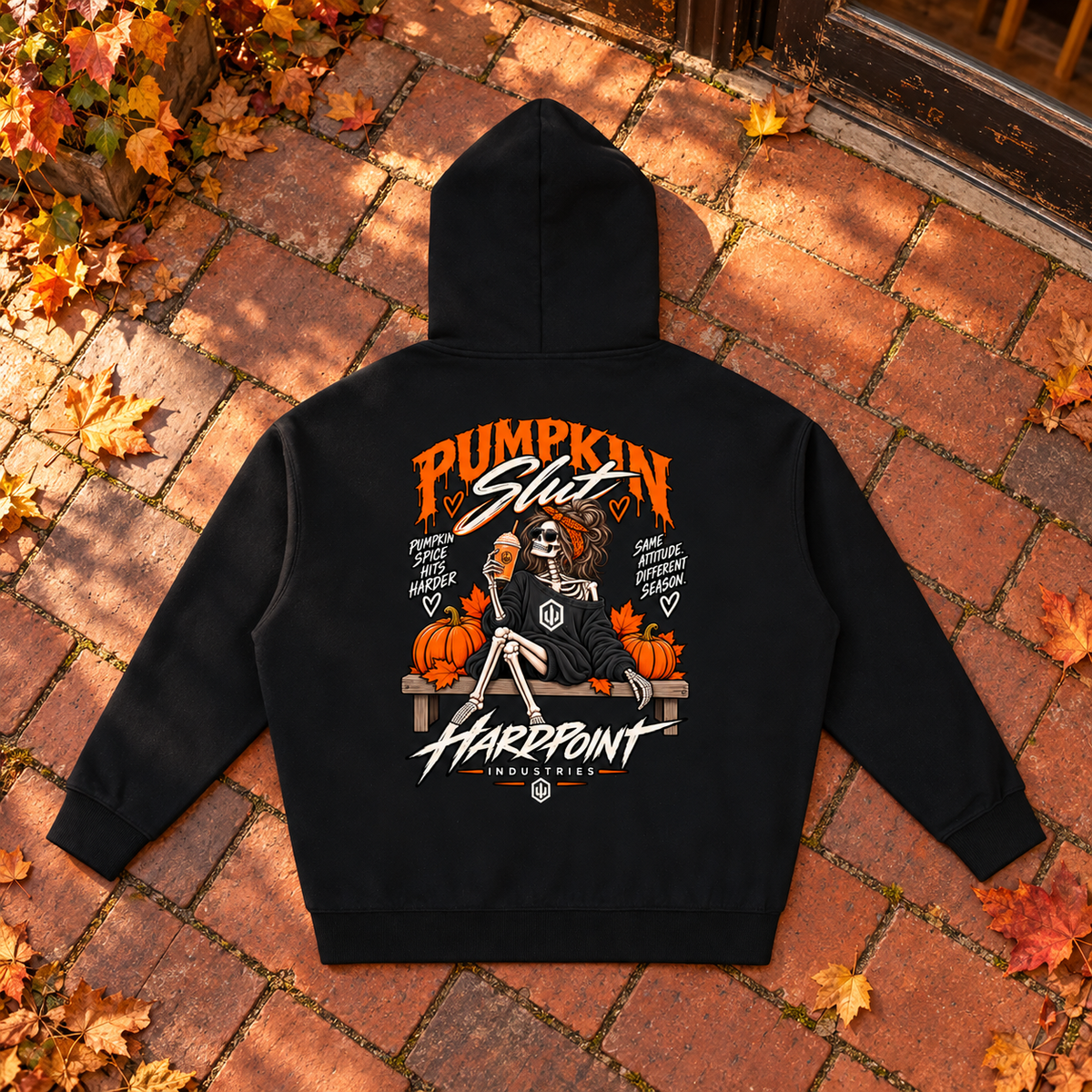 HARDPOINT Pumpkin Slut Skeleton Heavyweight Hoodie, Black, back view. AI-styled product mockup.
