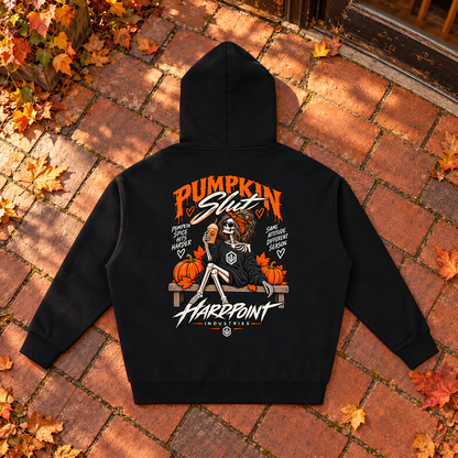 HARDPOINT Pumpkin Slut Skeleton Heavyweight Hoodie, Black, back view. AI-styled product mockup.