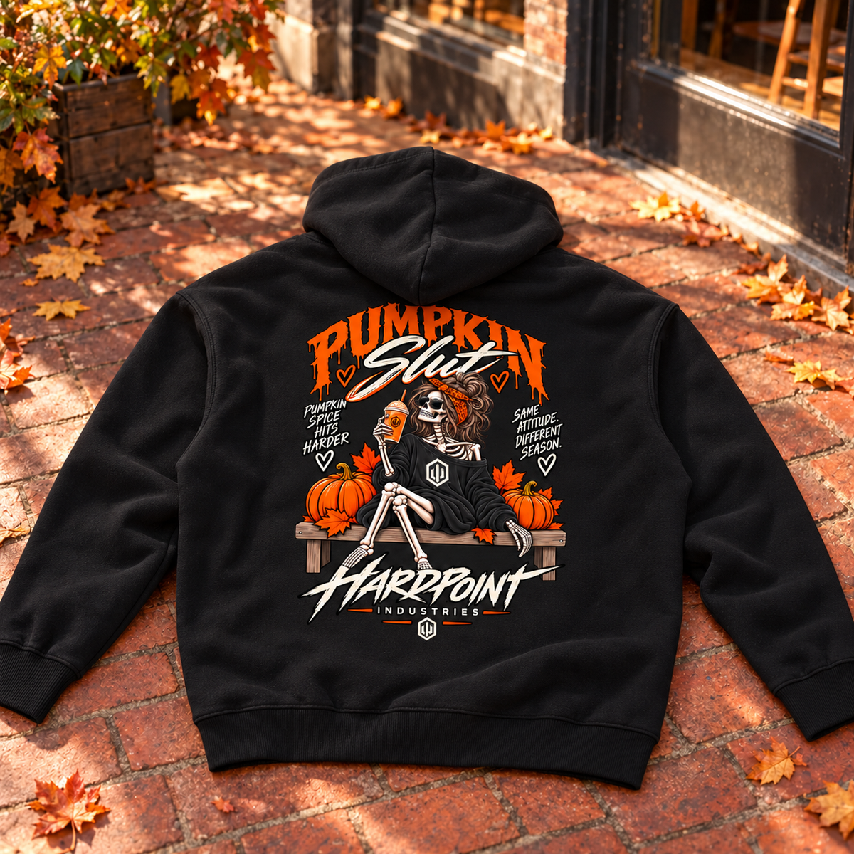 HARDPOINT Pumpkin Slut Skeleton Heavyweight Hoodie, Black, detail view. AI-styled product mockup.