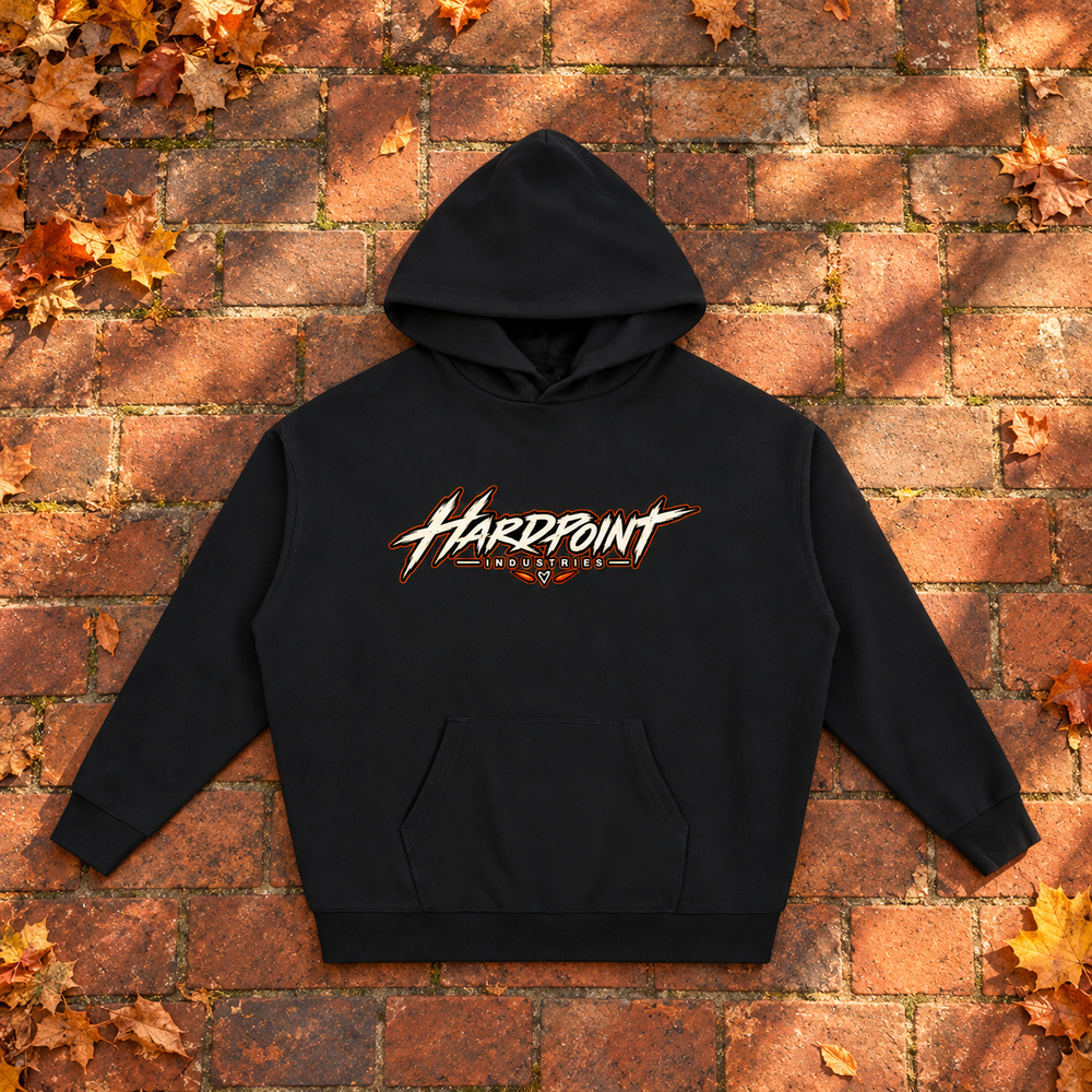 HARDPOINT Pumpkin Slut Skeleton Heavyweight Hoodie, Black, front view. AI-styled product mockup.