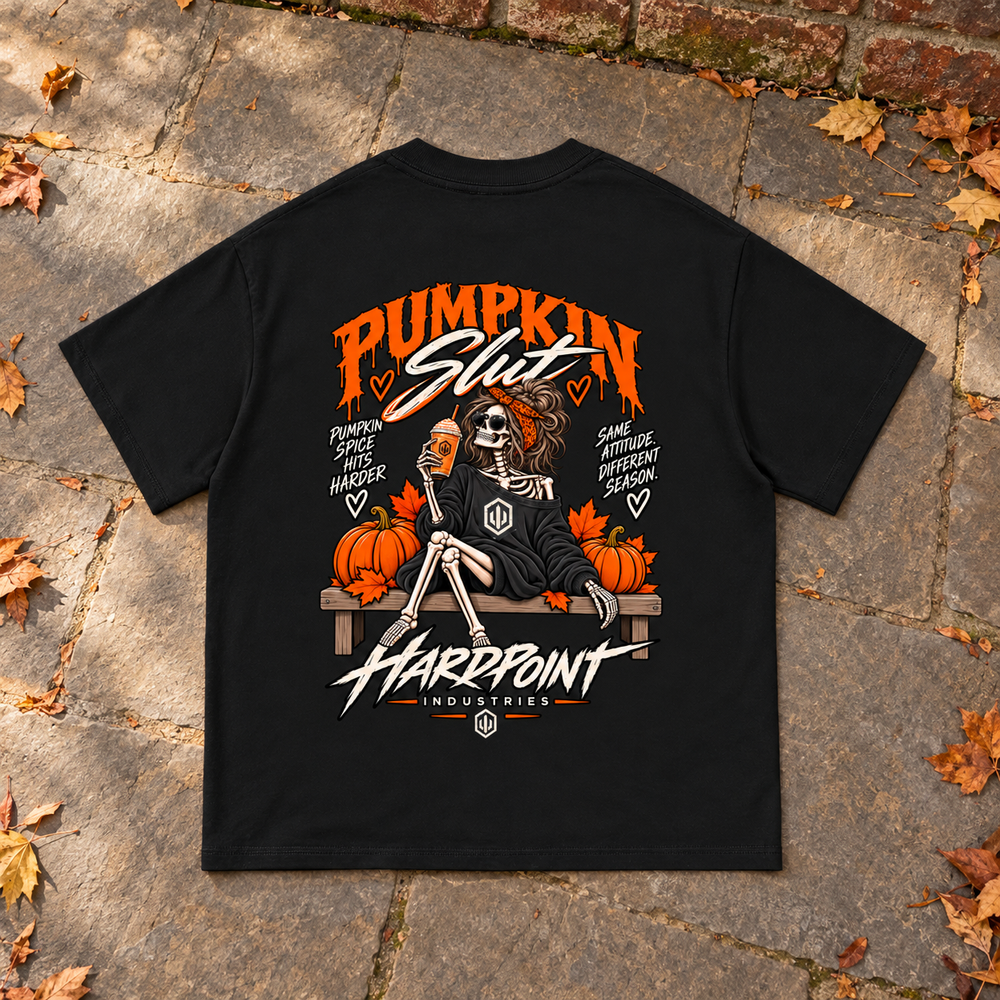 HARDPOINT Pumpkin Slut Skeleton Tee, Black, back view. AI-styled product mockup.