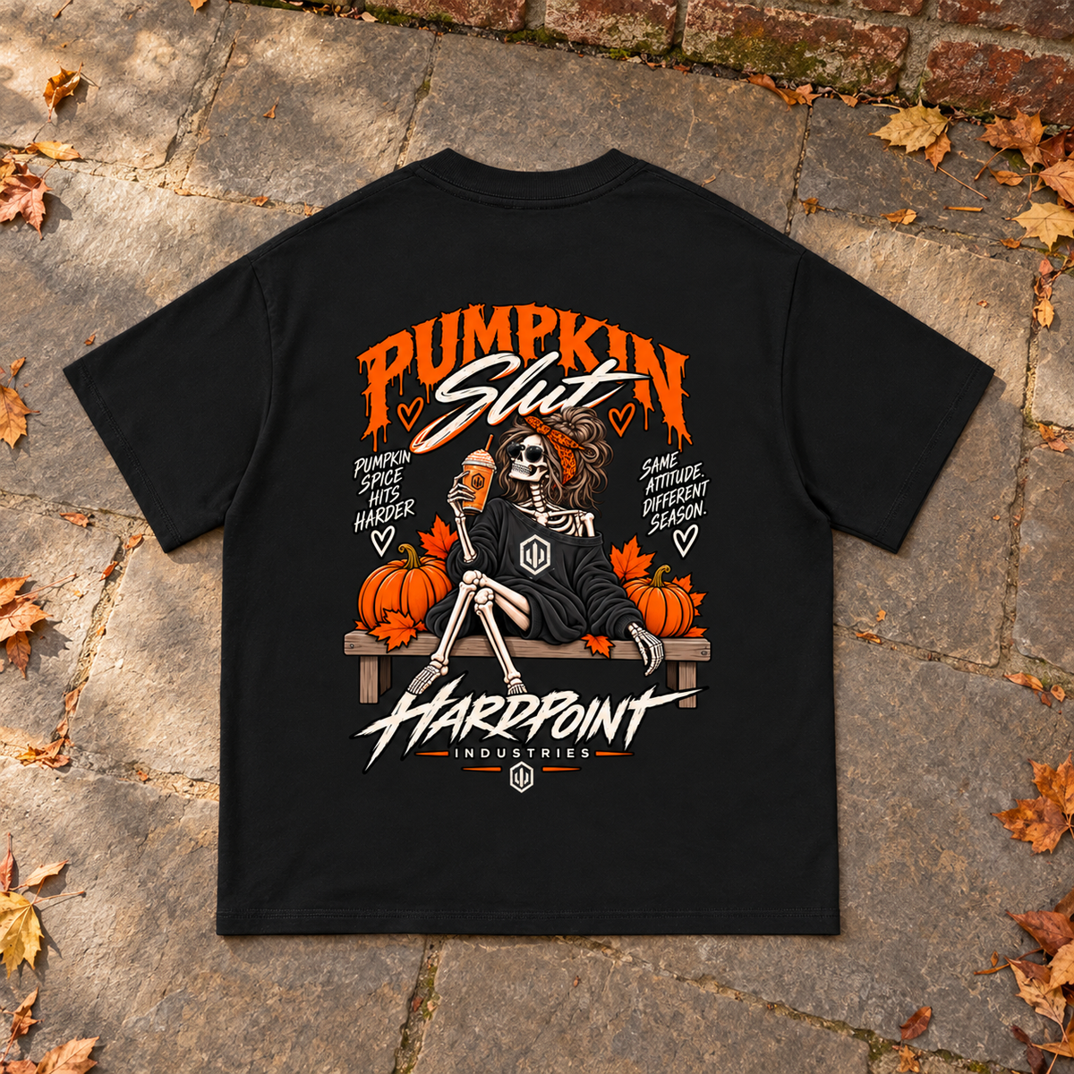 HARDPOINT Pumpkin Slut Skeleton Tee, Black, back view. AI-styled product mockup.