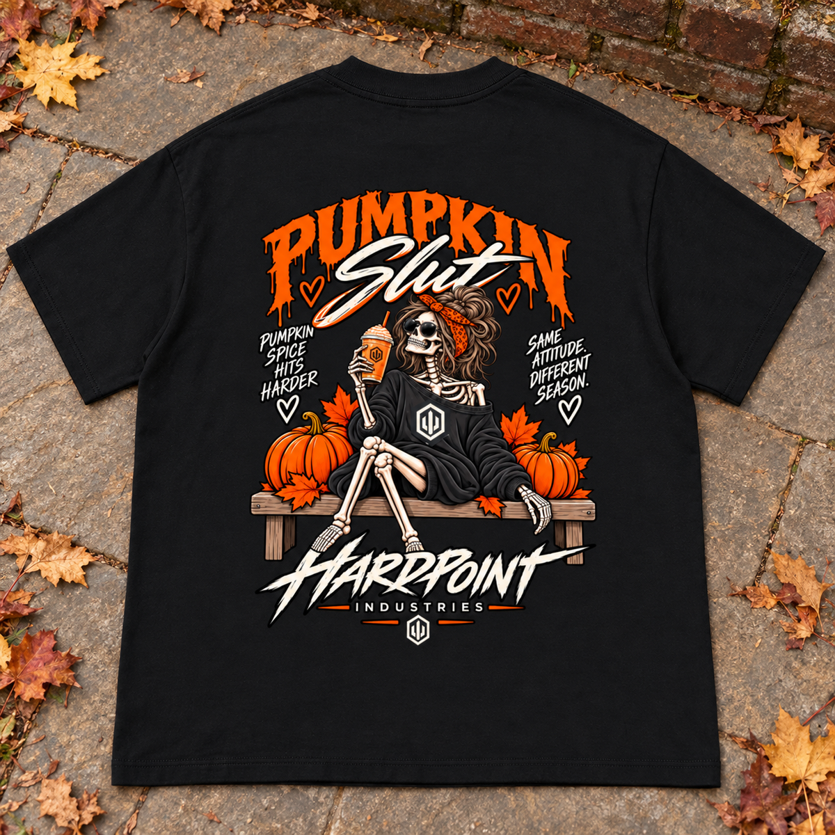 HARDPOINT Pumpkin Slut Skeleton Tee, Black, detail view. AI-styled product mockup.