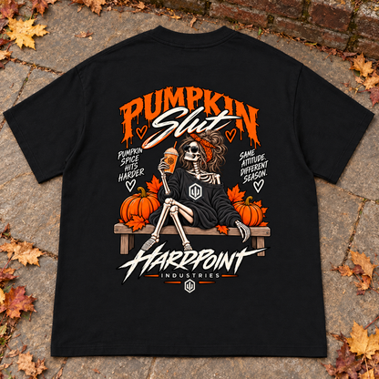 HARDPOINT Pumpkin Slut Skeleton Tee, Black, detail view. AI-styled product mockup.