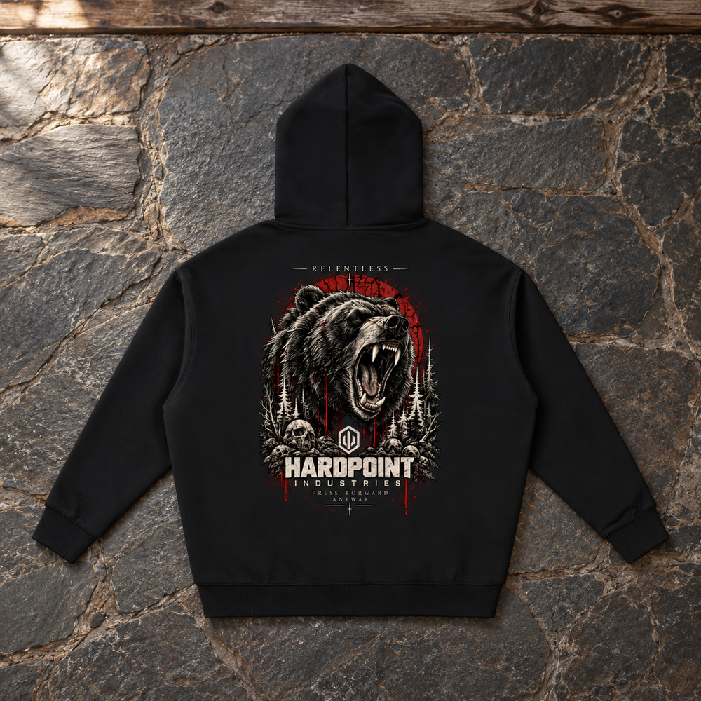 HARDPOINT Relentless Heavyweight Hoodie, Black, back view. AI-styled product mockup.