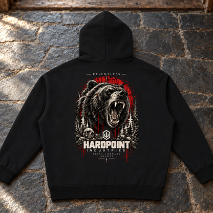 HARDPOINT Relentless Heavyweight Hoodie, Black, detail view. AI-styled product mockup.
