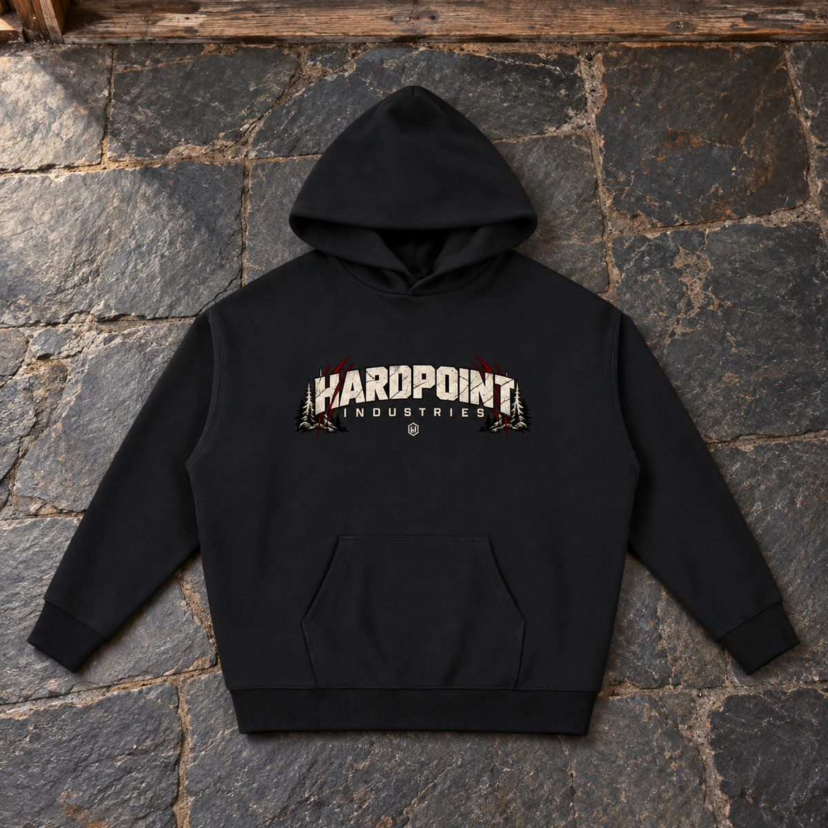 HARDPOINT Relentless Heavyweight Hoodie, Black, front view. AI-styled product mockup.