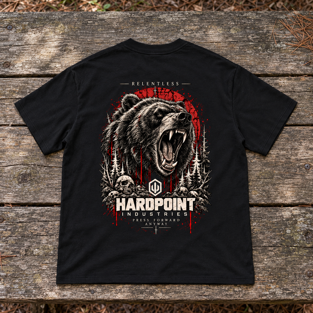 HARDPOINT Relentless Tee, Black, back view. AI-styled product mockup.