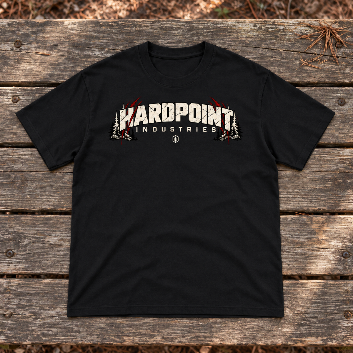 HARDPOINT Relentless Tee, Black, front view. AI-styled product mockup.