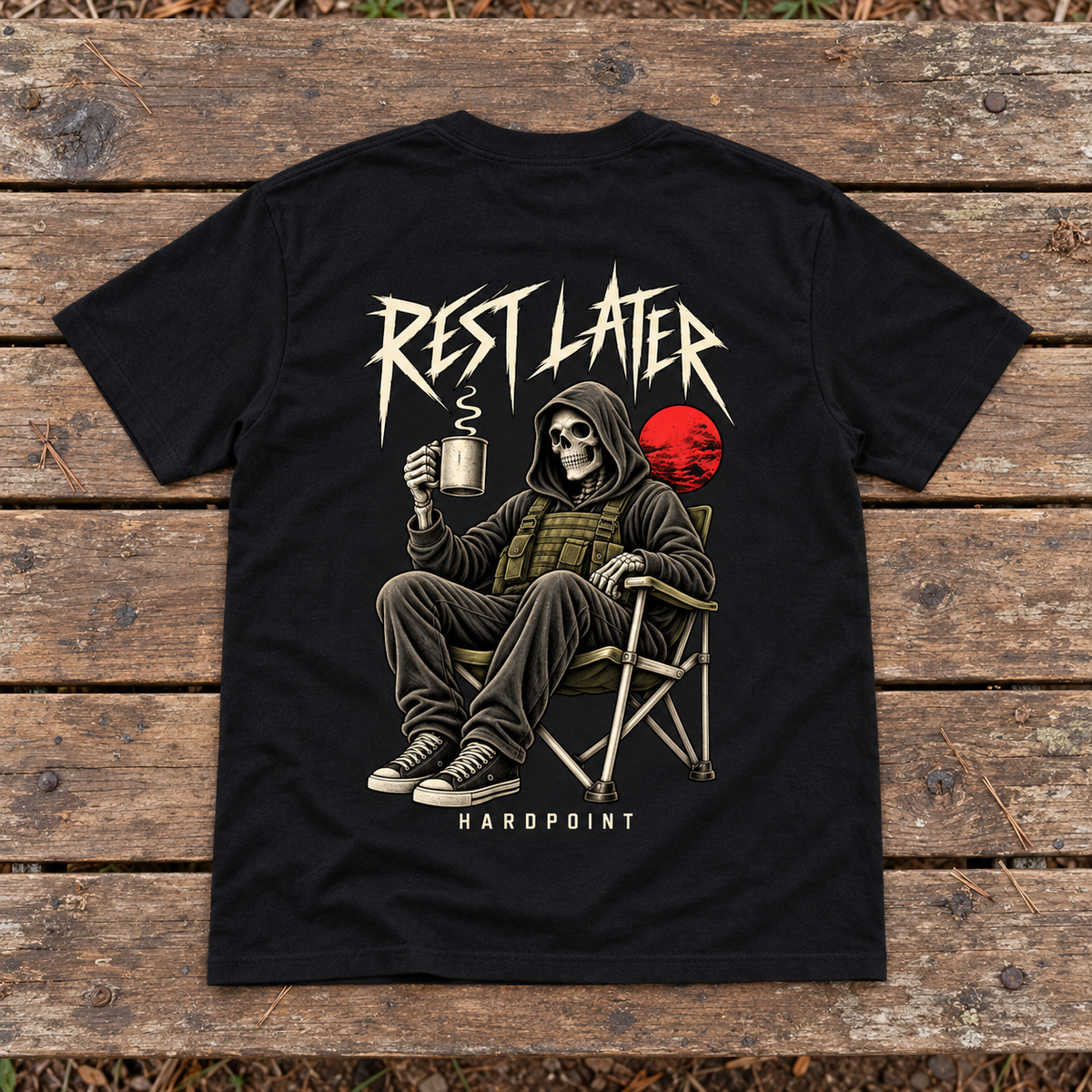 HARDPOINT Rest Later Tee, Classic Black, back view. AI-styled product mockup.